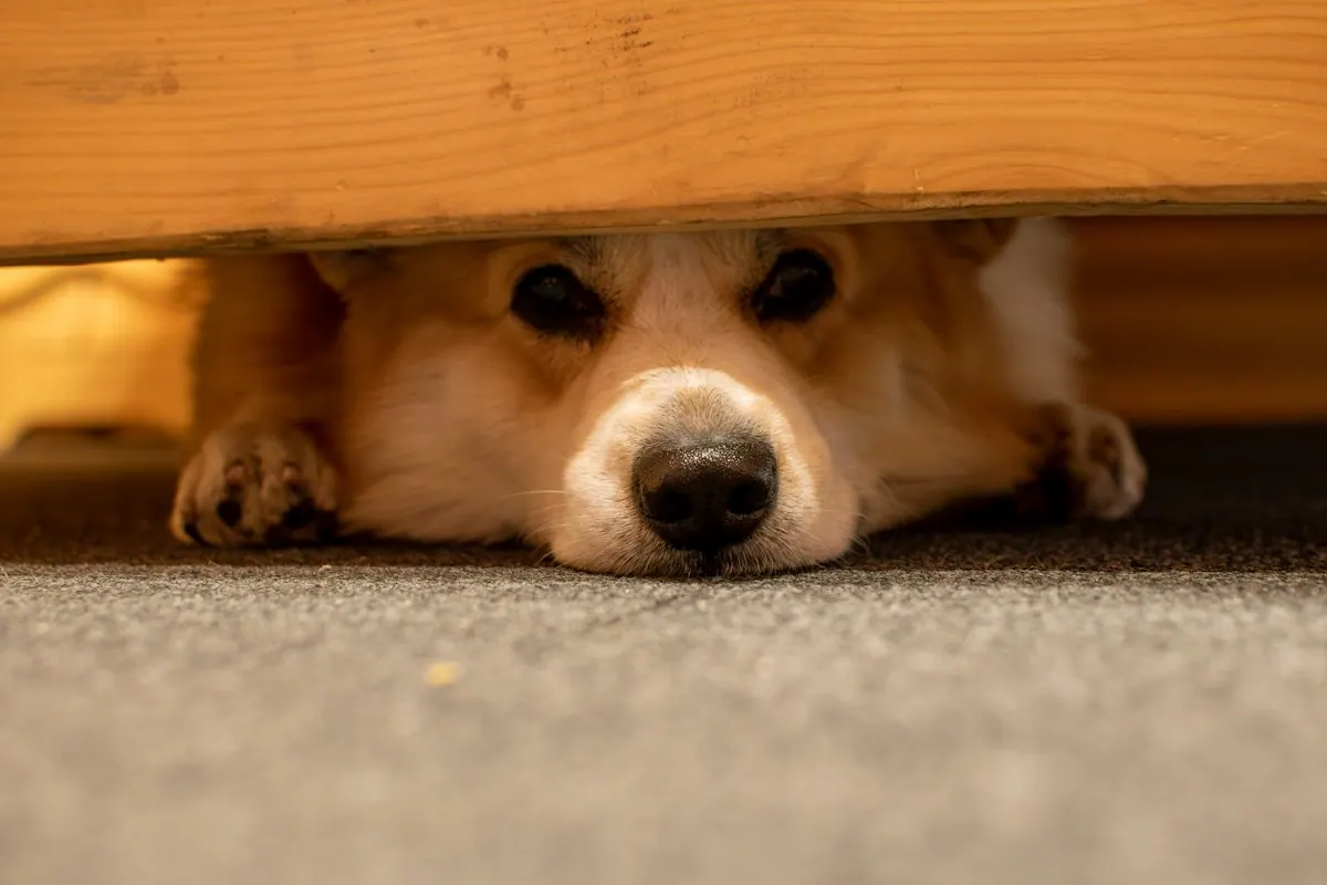 Chien caché sous un meuble, museau et regard visibles